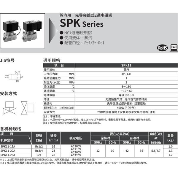 CKD喜開理蒸汽用先導突跳式2通電磁閥SPK11-15A-K4A-AC100V