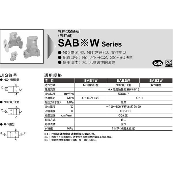 CKD喜開理氣控型2通閥（氣缸閥）SAB2W-10A-0B