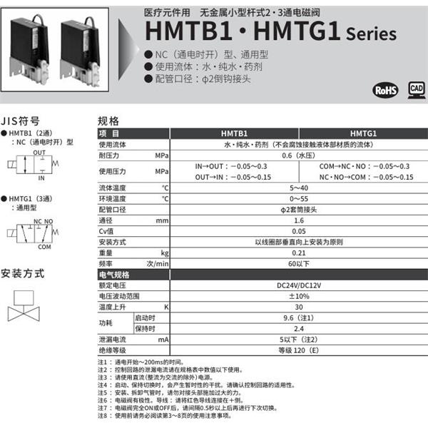 CKD喜開理醫療儀器用無金屬小型桿式2?3通電磁閥HMTG1-2TN-PE-DC24V