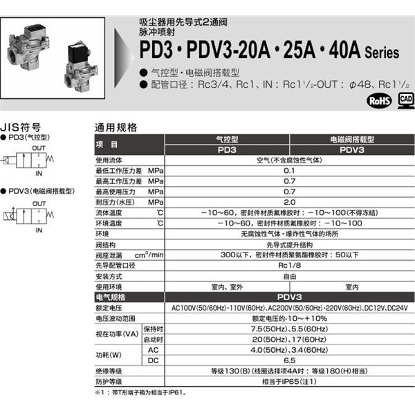 CKD喜開理脈沖噴射閥PDV3-40A·RC-2CS-AC100V