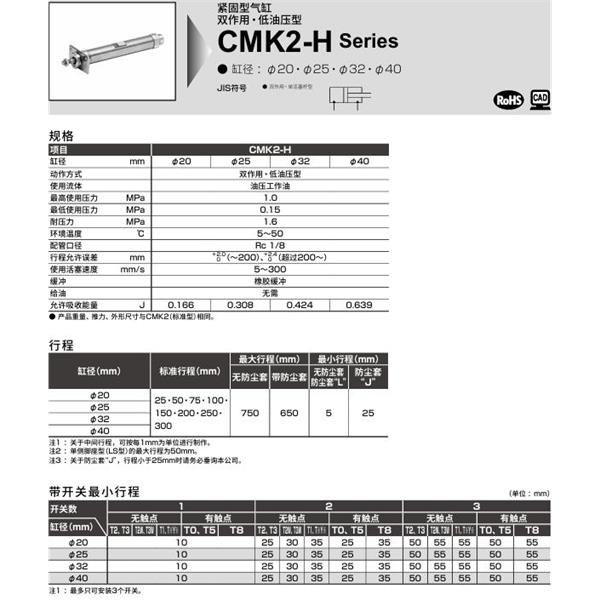 CKD喜開理緊固型氣缸CMK2-H-CC-25-100-JI