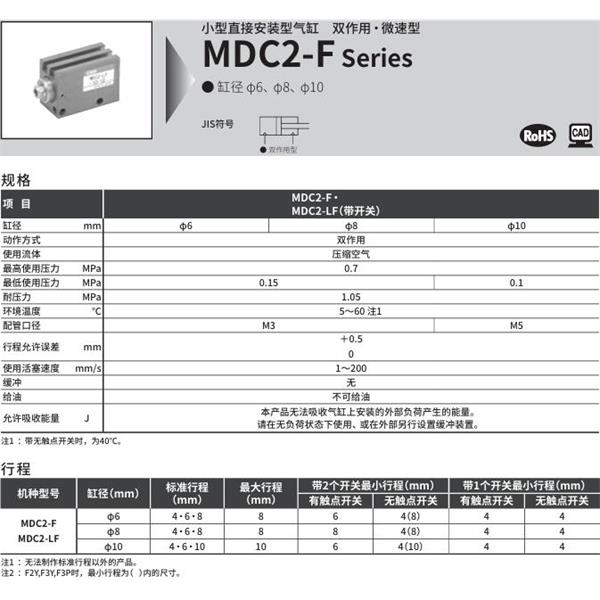 CKD喜開理小型直接安裝型氣缸MDC2-LF-6-10-F2V-R