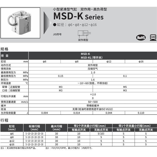 CKD喜開理小型緊湊型氣缸MSD-K-8-30-R