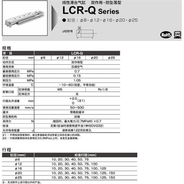 CKD喜開理線性滑臺氣缸LCR-Q-25-50-F2H1-R-S202DTBL