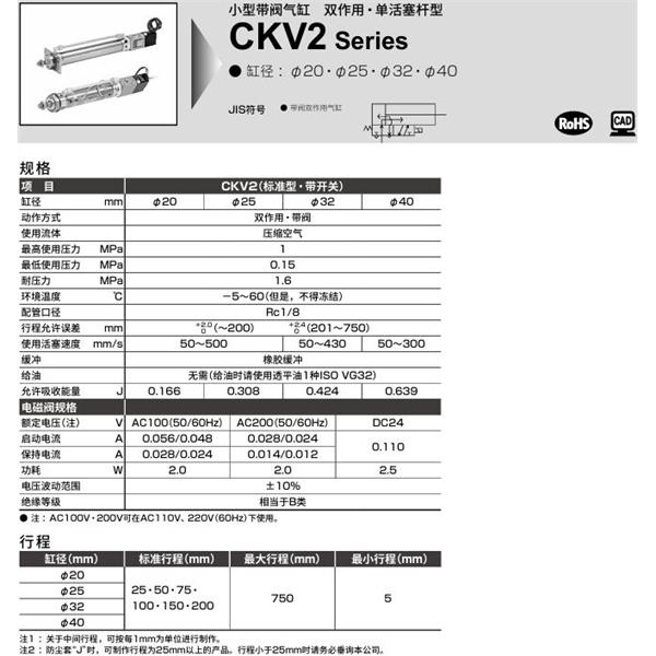 CKD喜開理小型帶閥氣缸CKV2-00-32-25-U-1-JI